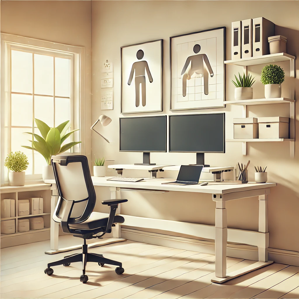 Illustration eines modernen Homeoffice-Setups mit höhenverstellbarem Schreibtisch, zwei Monitoren, einem Laptop, ergonomischem Bürostuhl und einer Topfpflanze. Die Szene ist hell, sauber und einladend, mit natürlichem Licht, minimalistischem Dekor und Regalen mit Büchern und Büromaterialien. Kleine Symbole deuten auf gesetzliche und ergonomische Überlegungen hin.